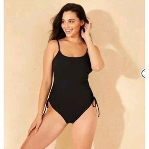 Shade & Shore WOMEN'S ADJUSTABLE LEG SIDE-TIE ONE PIECE Swimsuit Black L 12-14